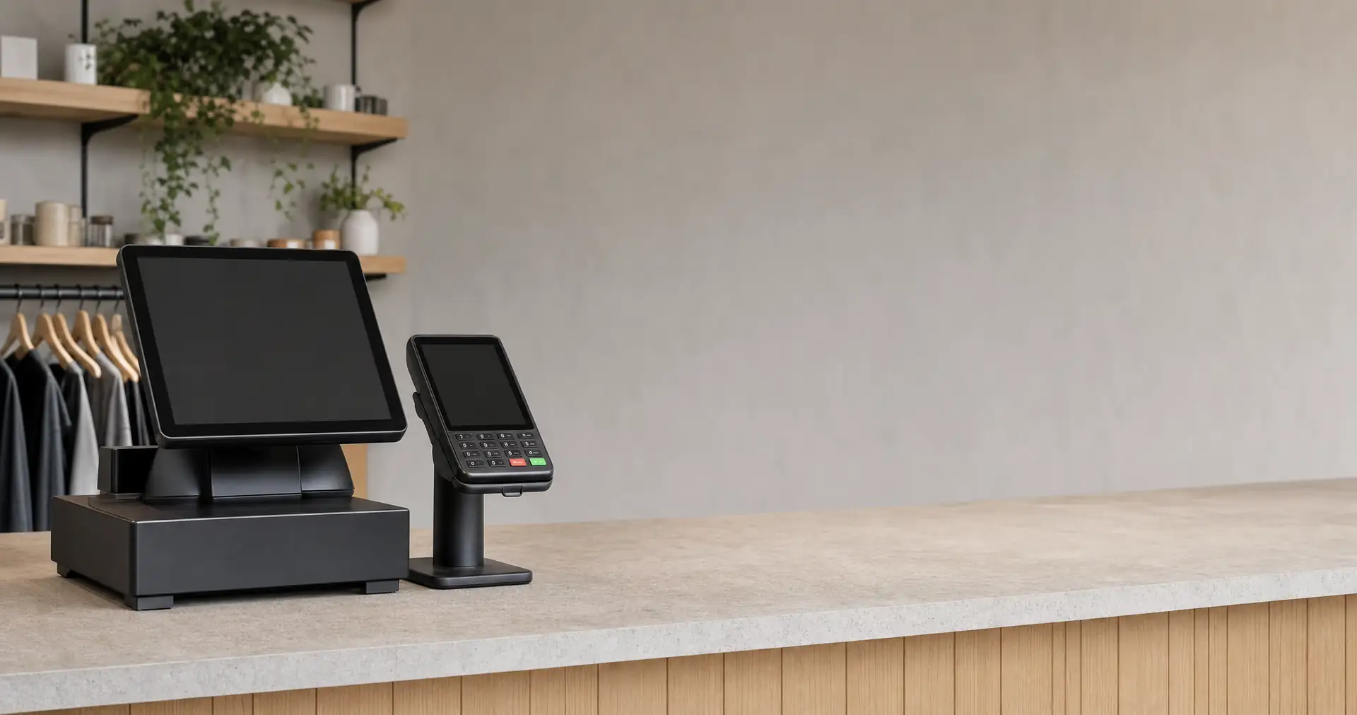 A payment terminal and receipt printer on a retail counter