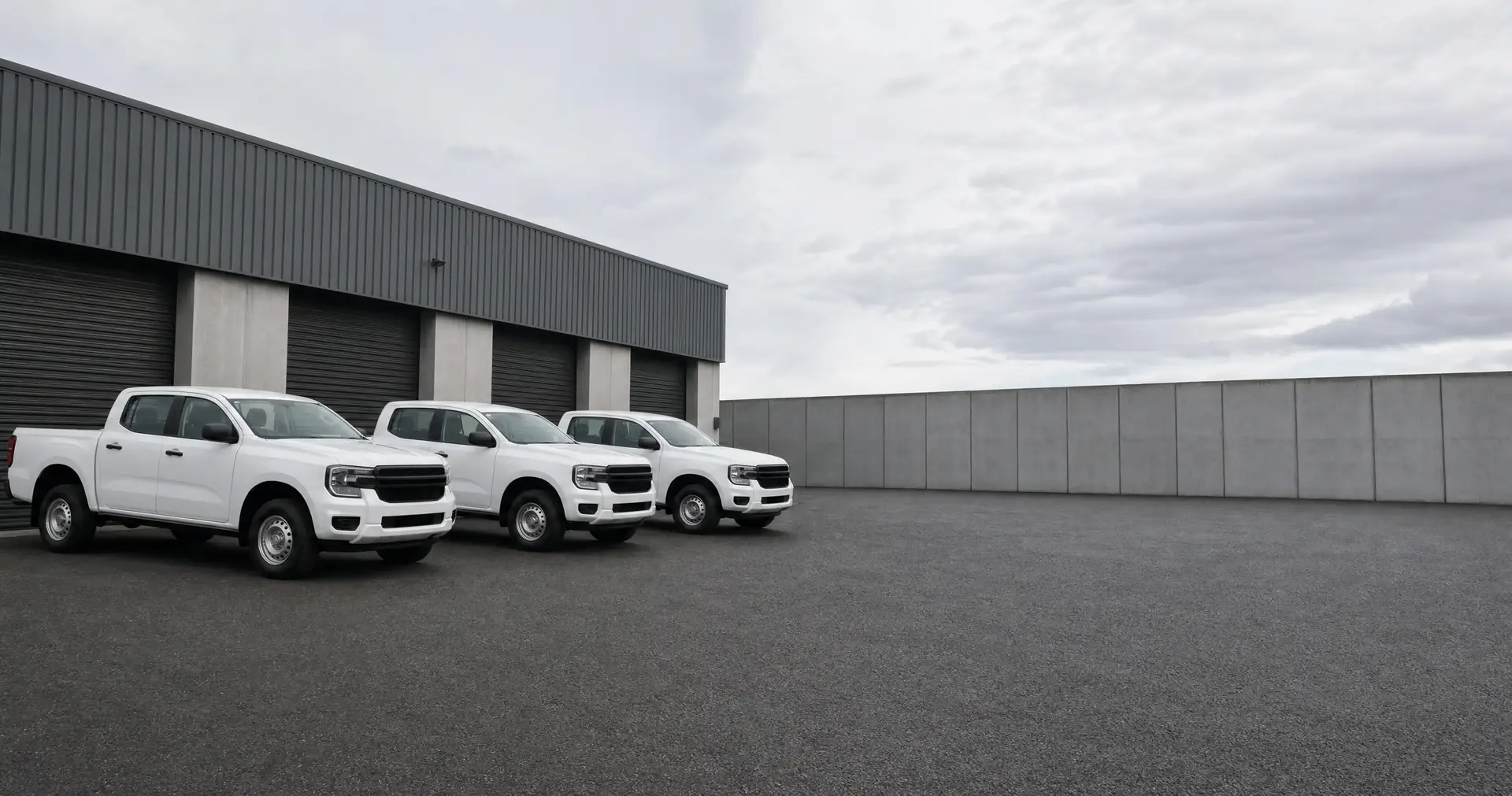 A row of light commercial vehicles parked nose-in on the sealed yard of a depot